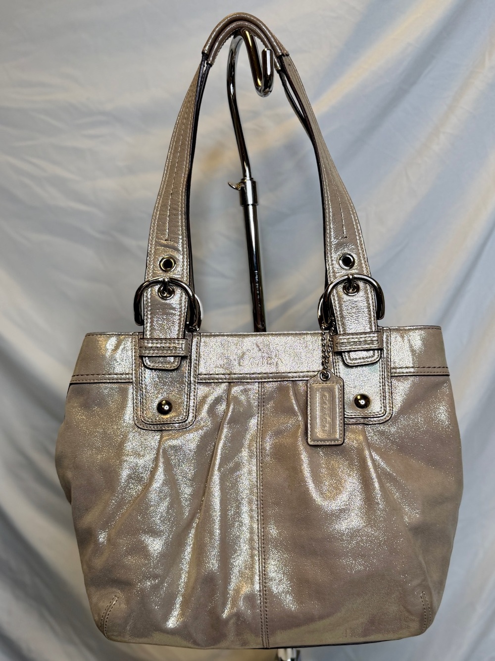 COACH SoHo Pleated Leather Metallic Champagne Silver Gold Tote Shoulder Bag